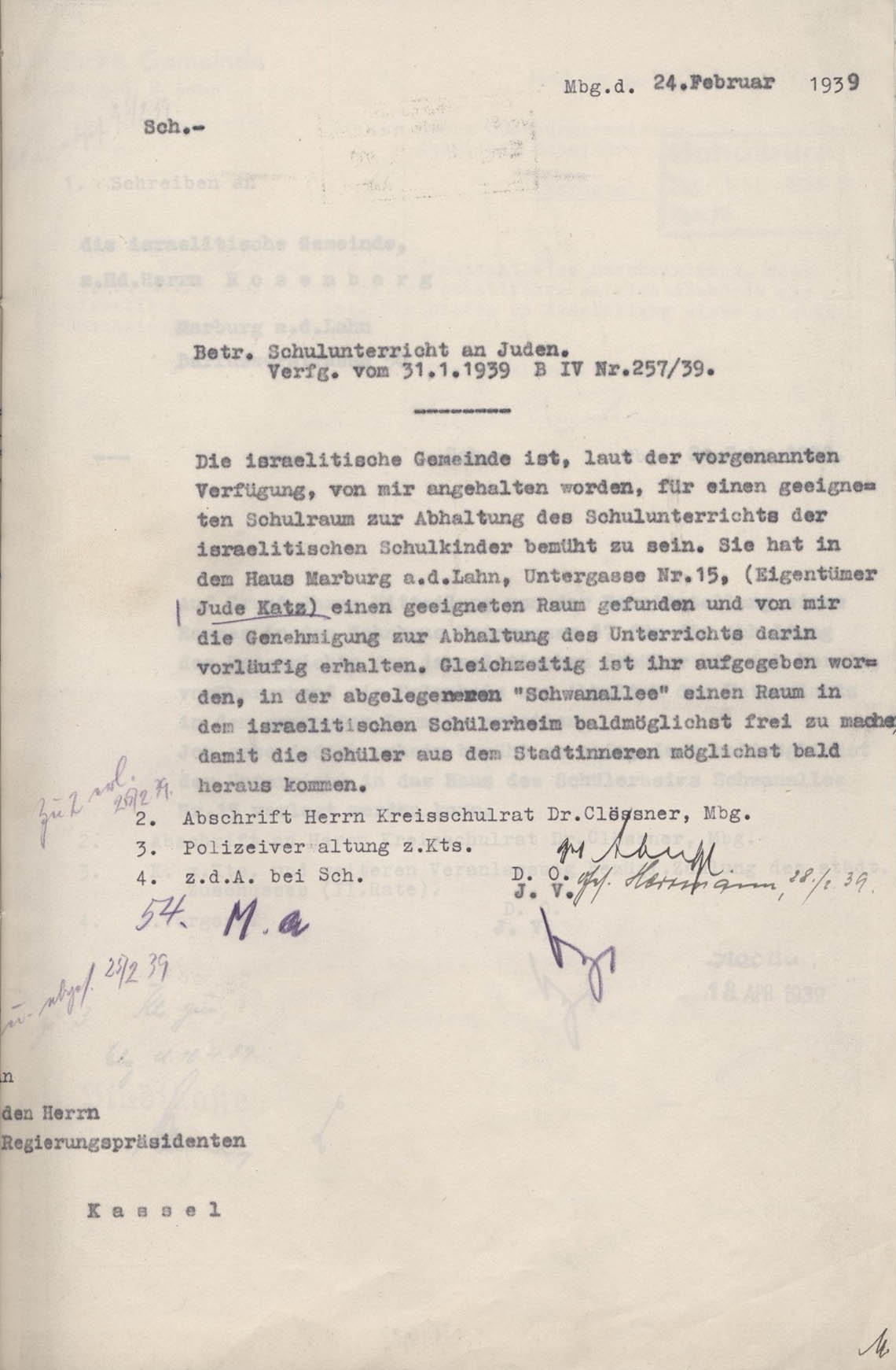 Schreiben der Stadtkasse Marburg an den RP Kassel betr. Einrichtung einer provisorischen Schule in der Untergasse 15 vom 24. Februar 1939