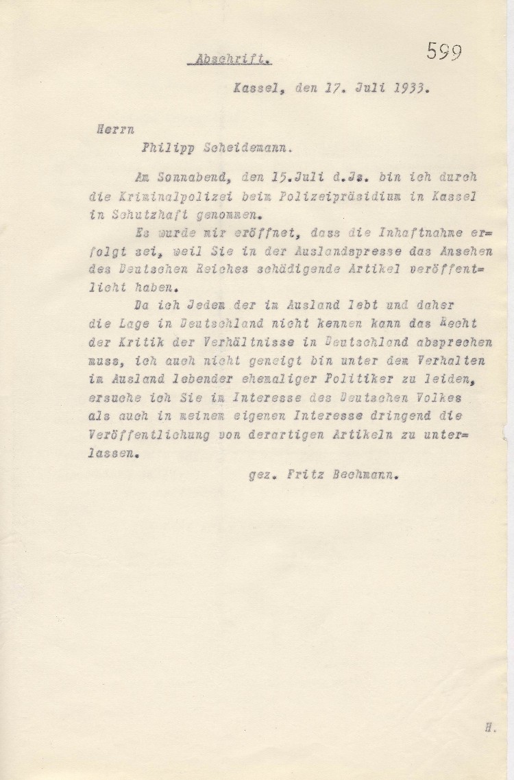 Brief von Fritz Bechmann an Philipp Scheidemann, Prag
