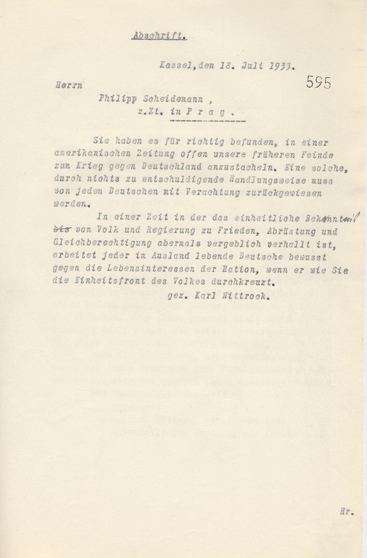 Brief an Philipp Scheidemann, Prag