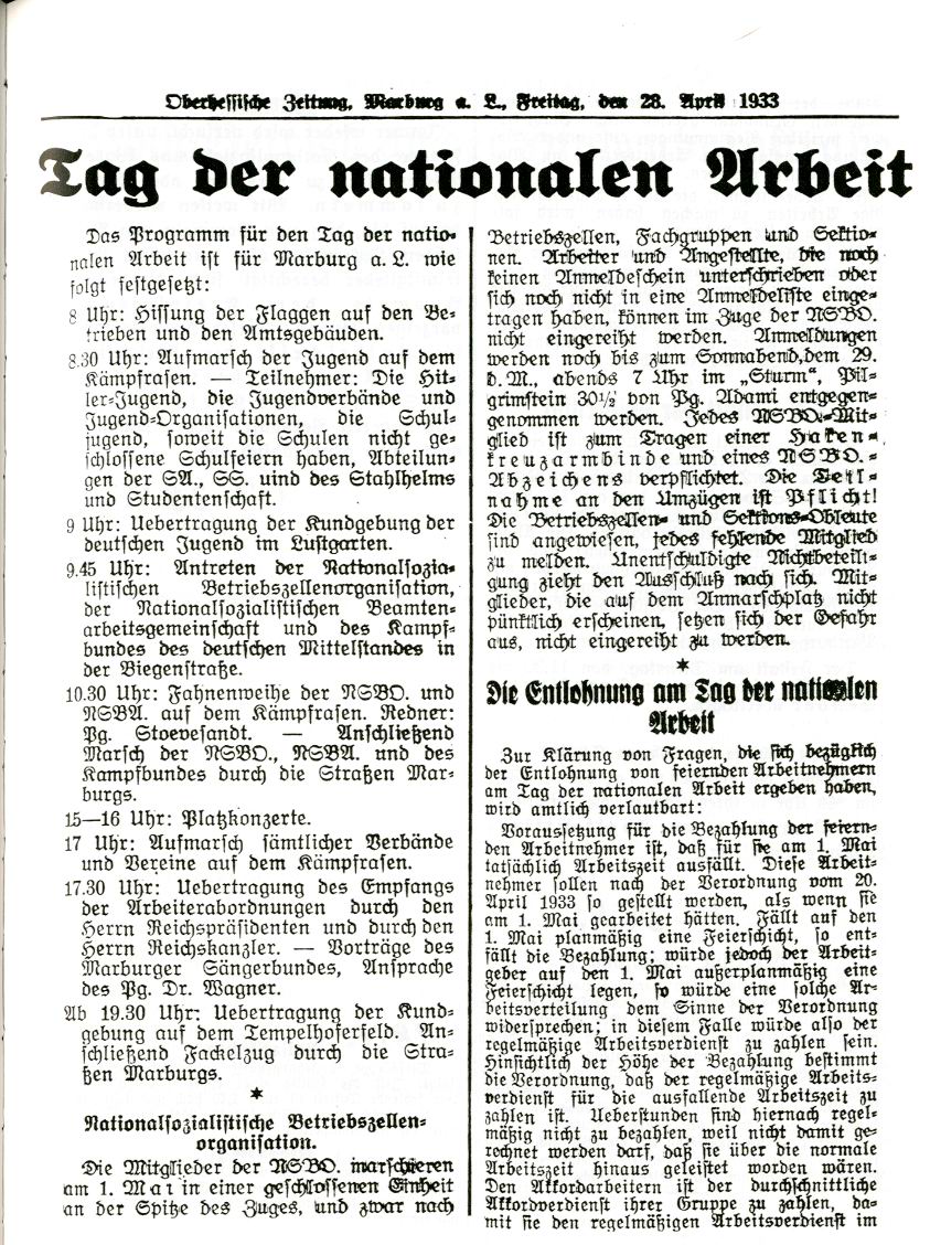 Bild zum Dokument Zeitungsartikel der OZ betr. Tag der nationalen Arbeit vom 28.