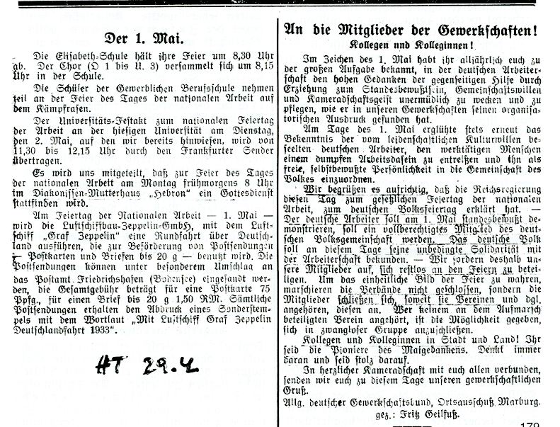 Bild zum Dokument Zeitungsartikel des HT betr. Feiern zum 1. Mai vom 29. April19