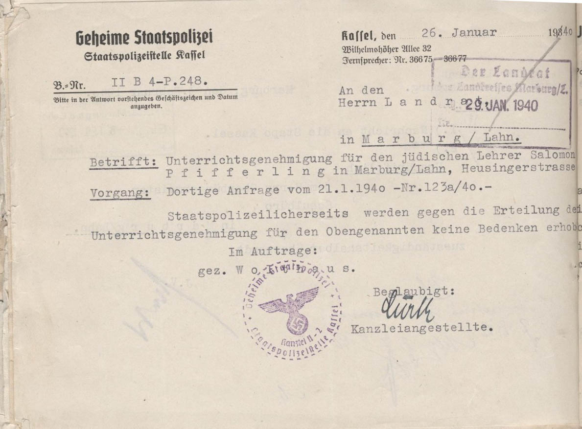 Bild zum Dokument Schreiben der Geheimen Staatspolizei Kassel an den Marburger L