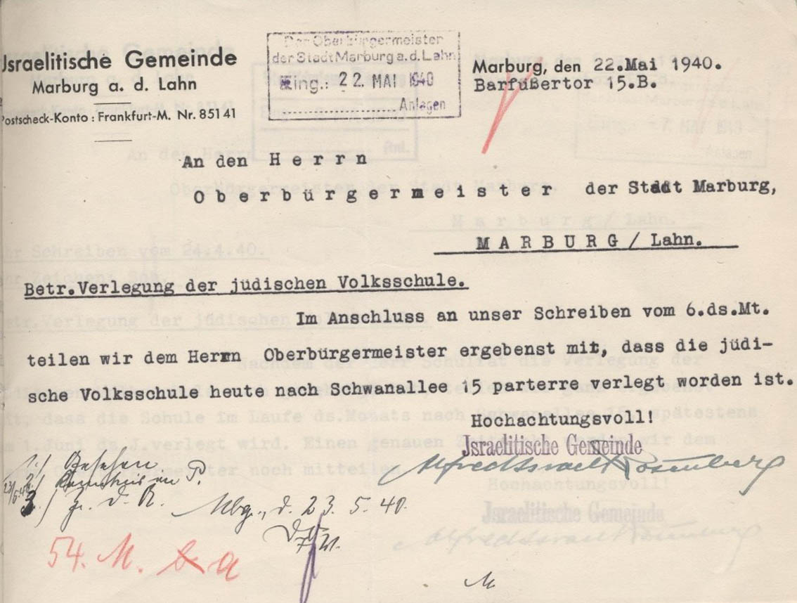 Bild zum Dokument Schreiben der Israelitischen Gemeinde an den Marburger Oberbür