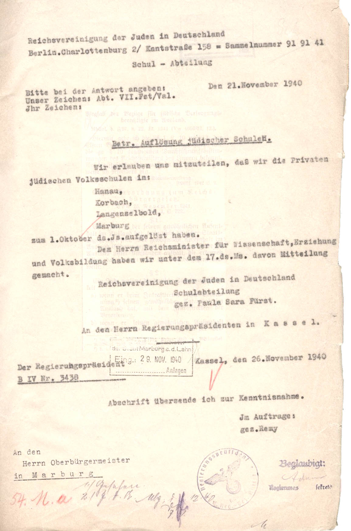 Schreiben der Reichsvereinigung der Juden in Deutschland an den Kasseler Regierungspräsidenten, die Bild zum Dokument Schreiben der Reichsvereinigung der Juden an den Kasseler RP b