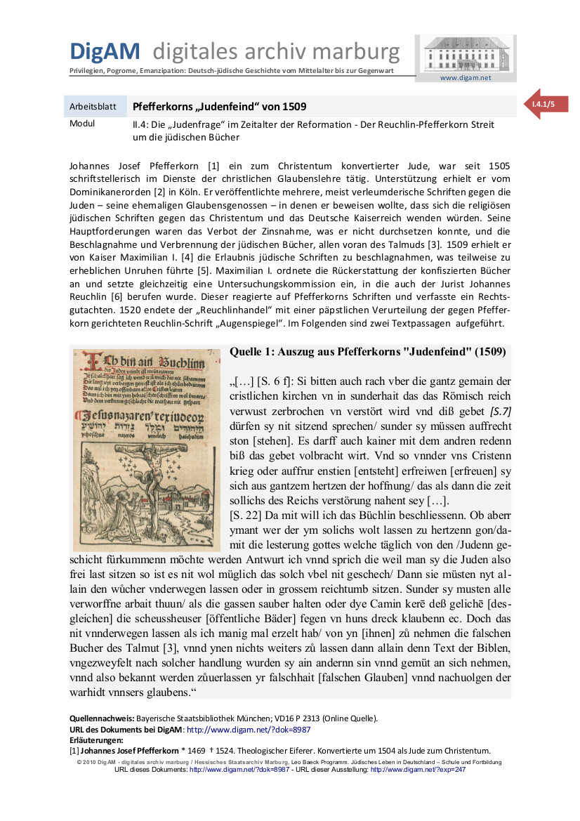 Arbeitsblatt: Pfefferkorns Judenfeind von 1509