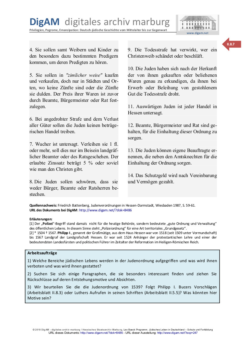Arbeitsblatt: Die Judenordnung Landgraf Philipps von Hessen von 1539