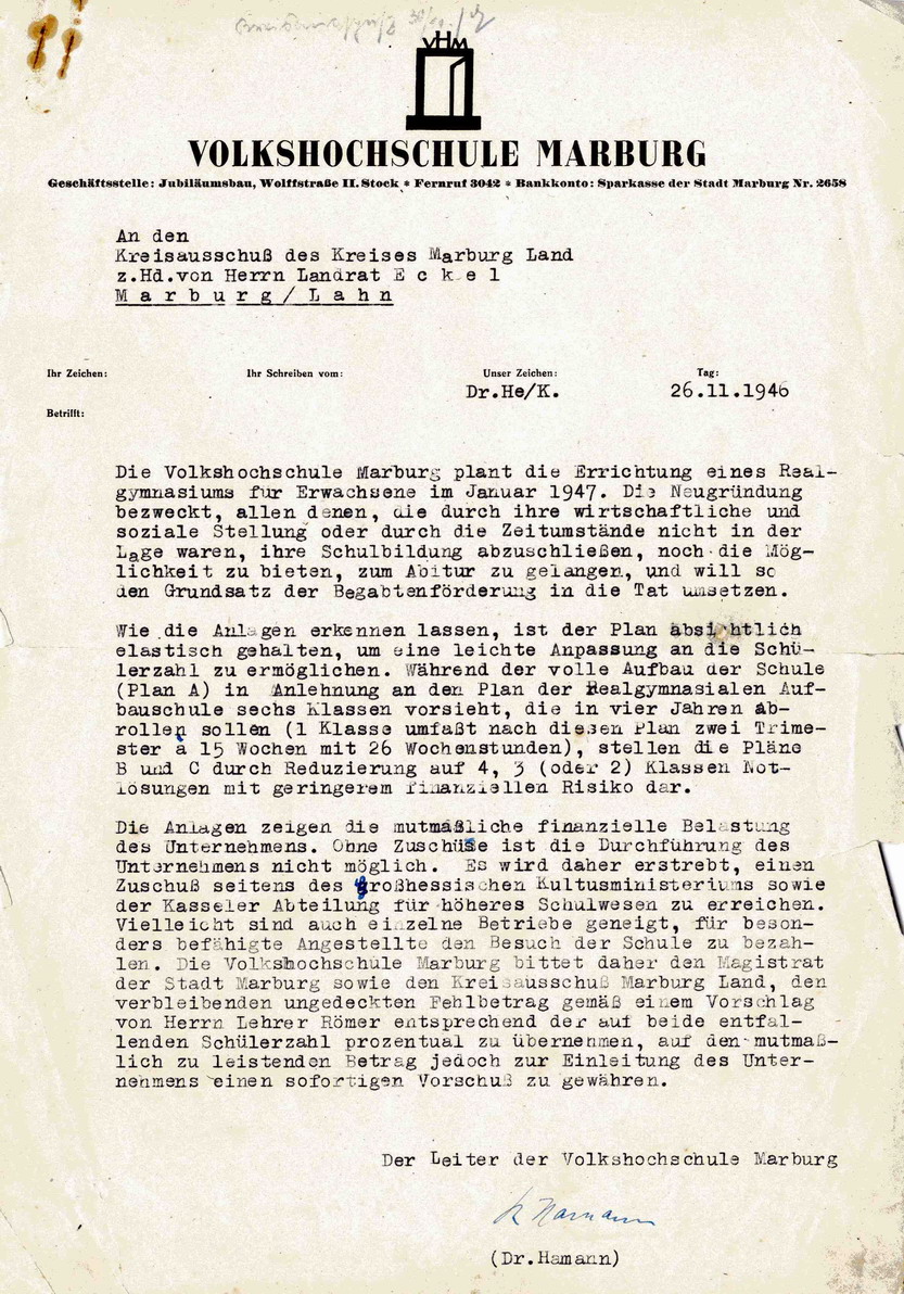 Bild zum Dokument Schreiben des Leiters der Volkshochschule Marburg, Dr. Richard