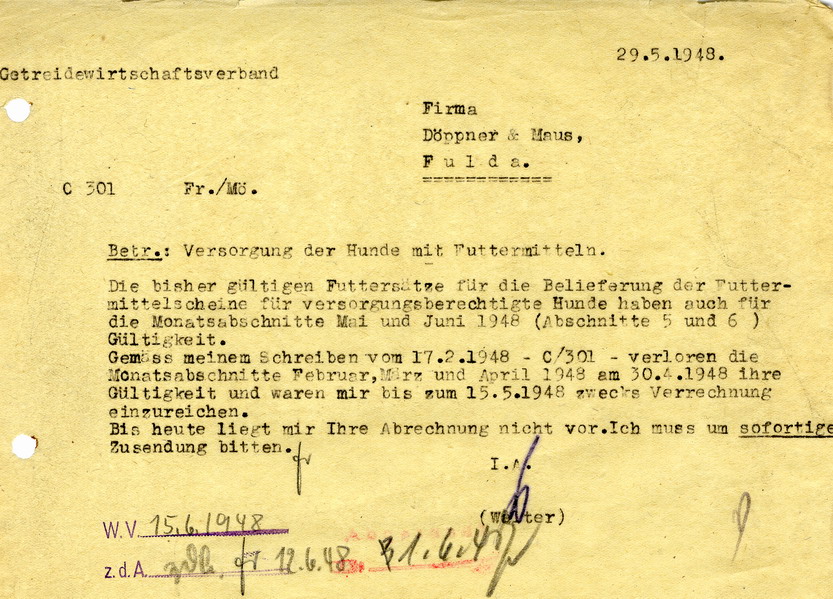 Bild zum Dokument Futtermittel für versorgungsberechtigte Hunde, 14. Juni 1948
