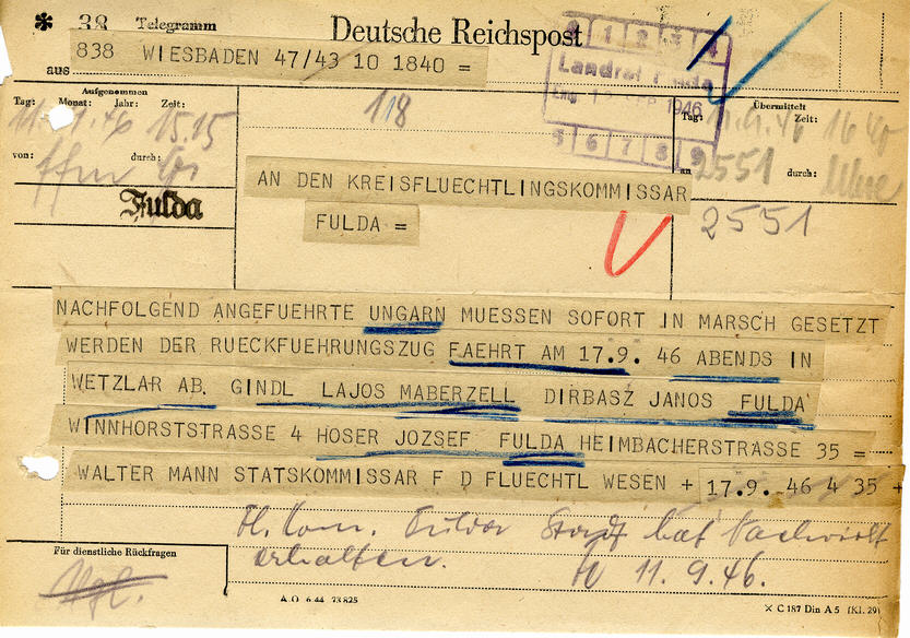 Bild zum Dokument Telegramm des hessischen Staatskommissars für das Flüchtlingsw