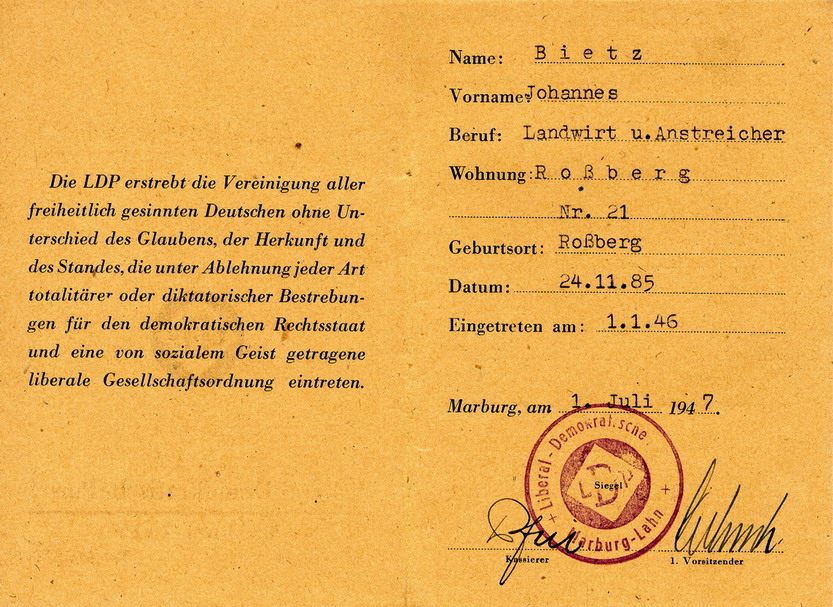 Bild zum Dokument Mitgliedskarte der LDP Marburg, 1. Juli 1947
