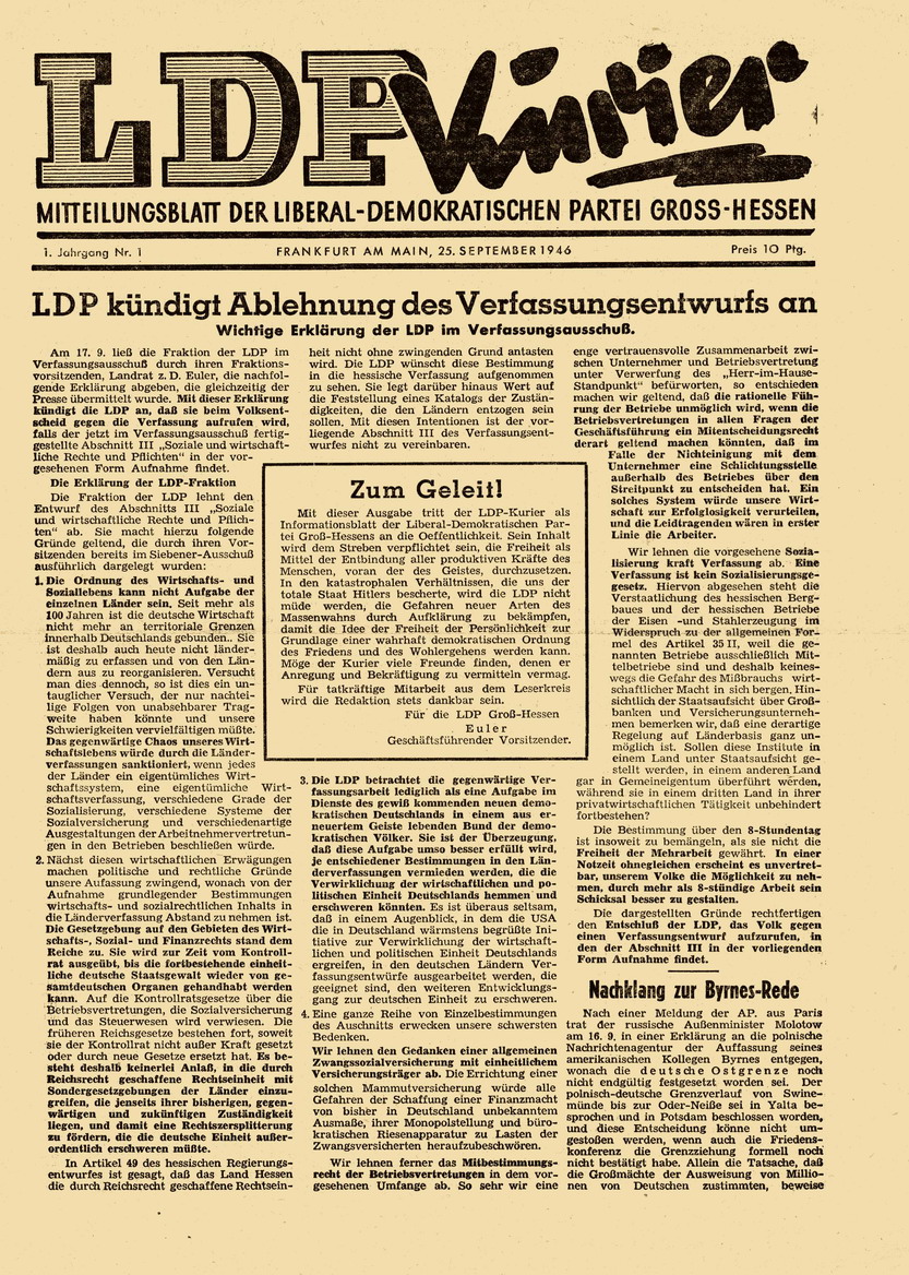 Bild zum Dokument Zeitung: Erste Ausgabe des LDP-Kuriers vom 25. September 1946