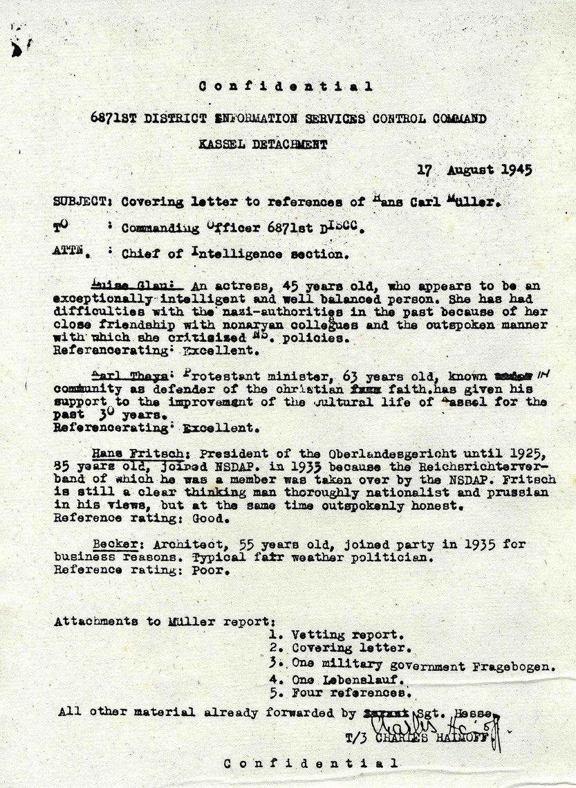 Bild zum Dokument Referenzpersonen für Hans Carl Müller, 17. August 1945