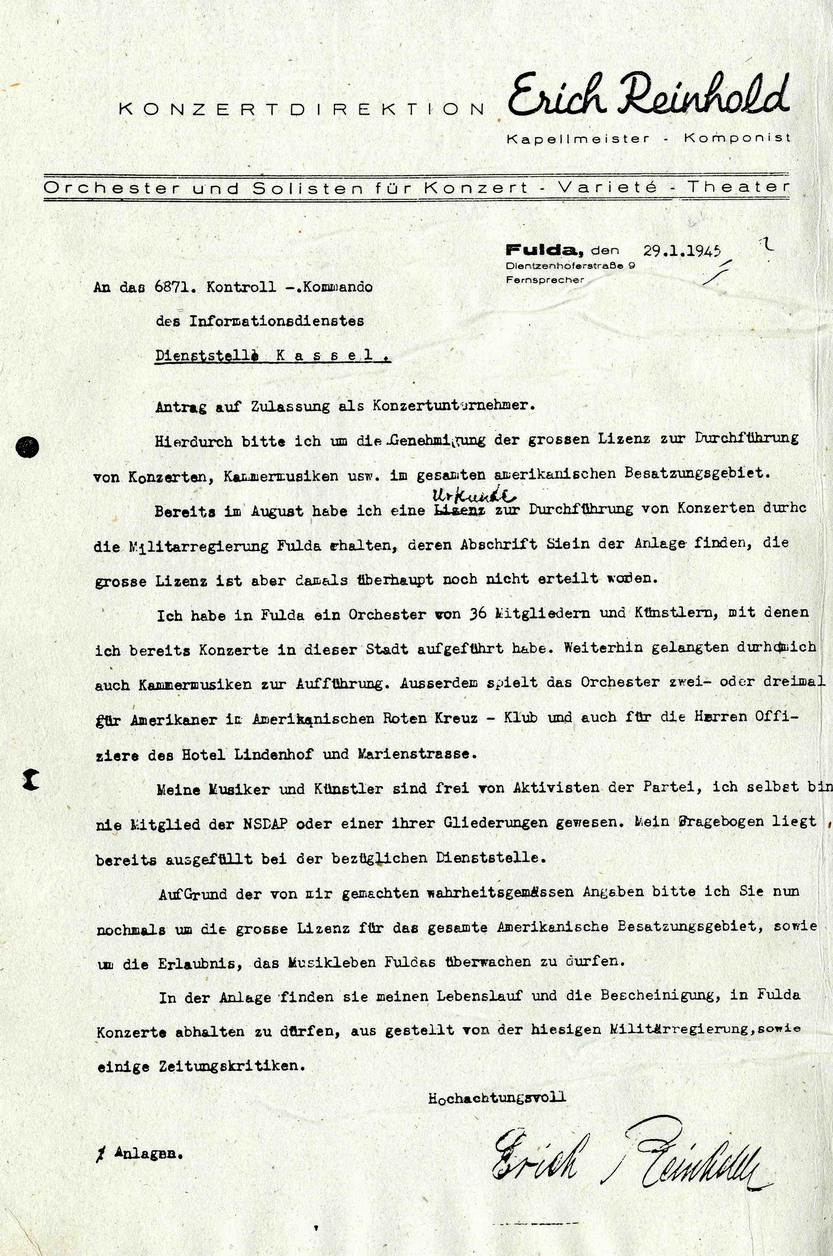 Bild zum Dokument Antrag auf Zulassung als Konzertunternehmer von Erich Reinhold