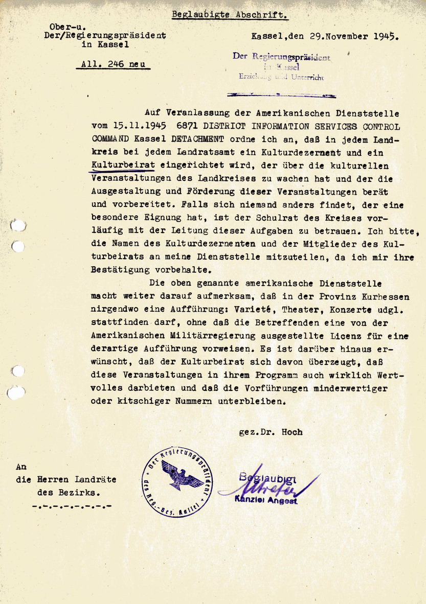 Bild zum Dokument Schreiben des RP-Kassel, Fritz Hoch, an die Landräte des Bezir