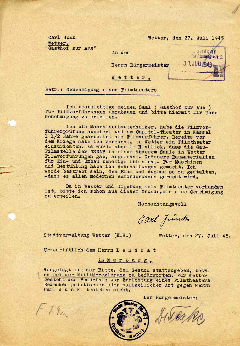 Bild zum Dokument Antrag auf Genehmigung eines Filmtheaters, 1945.