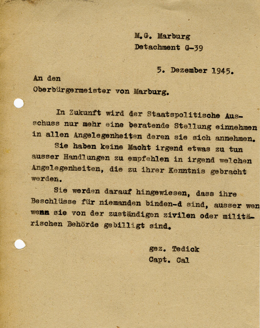 Bild zum Dokument Mitteilungs des amerikanischen Besatzungsoffiziers Tedick an M
