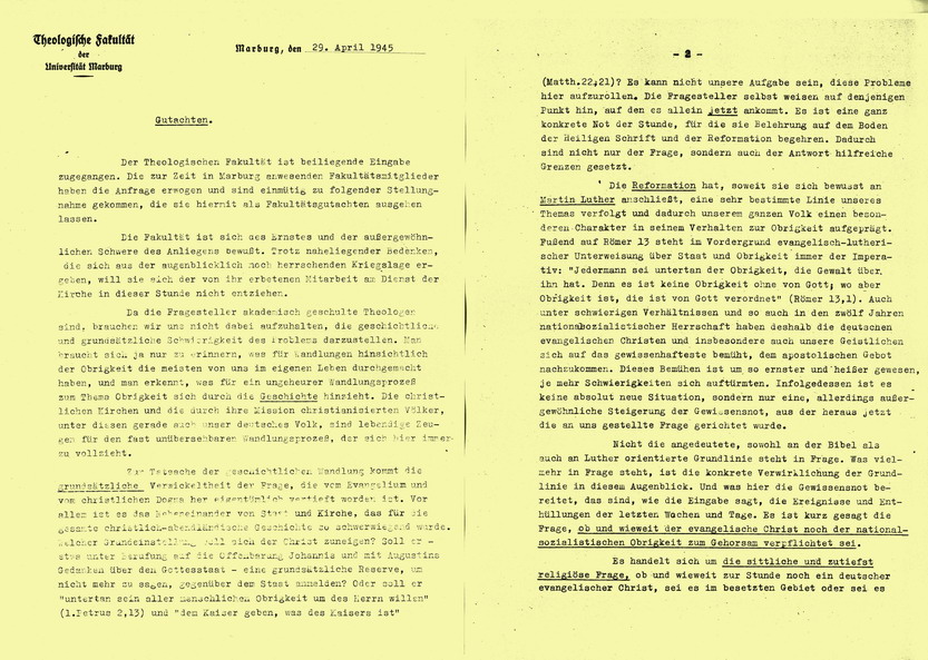 Bild zum Dokument Gutachten der Theologischen Fakultät der Universität Marburg,