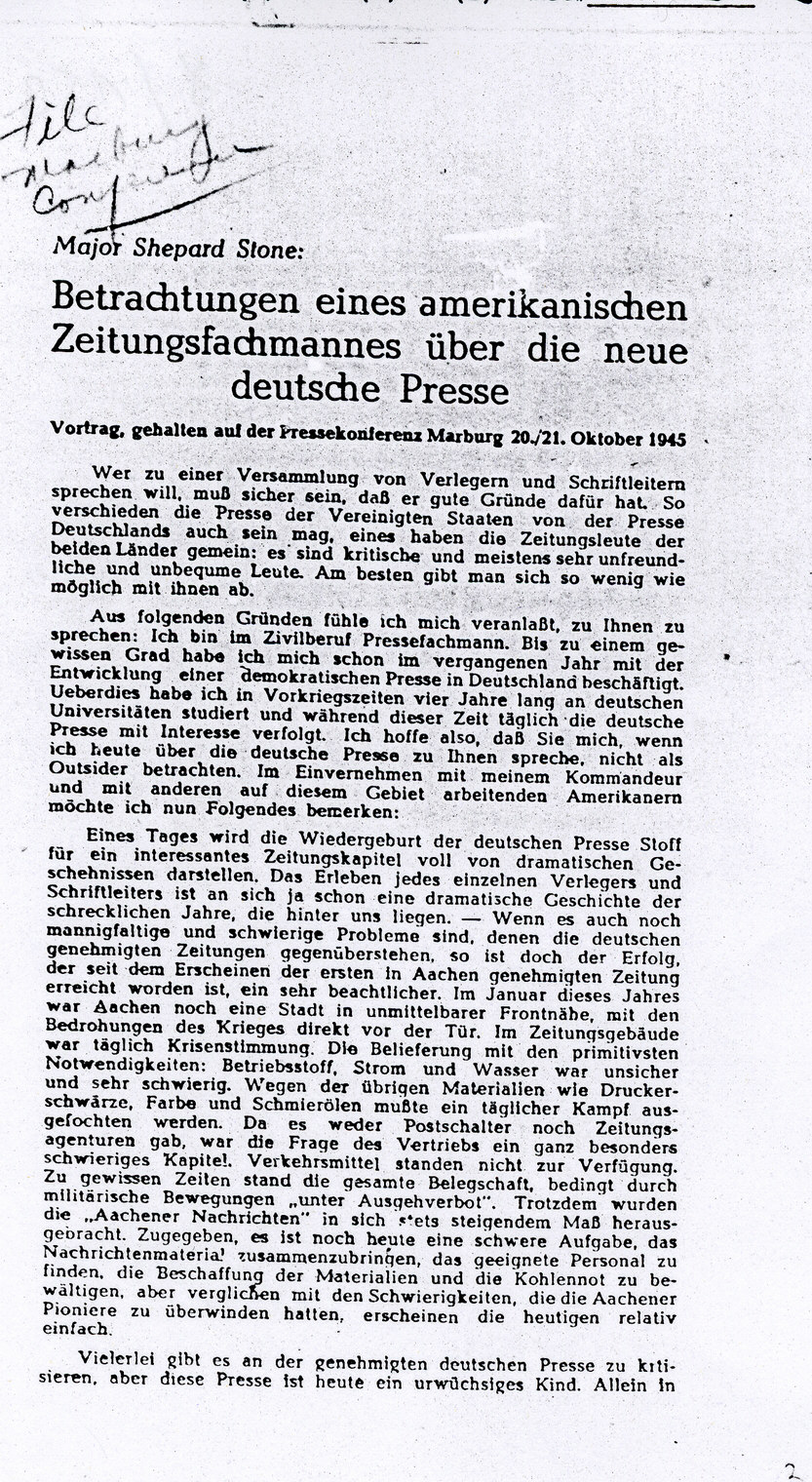 Bild zum Dokument Bericht Shepard Stones über den Aufbau der demokratischen Pres