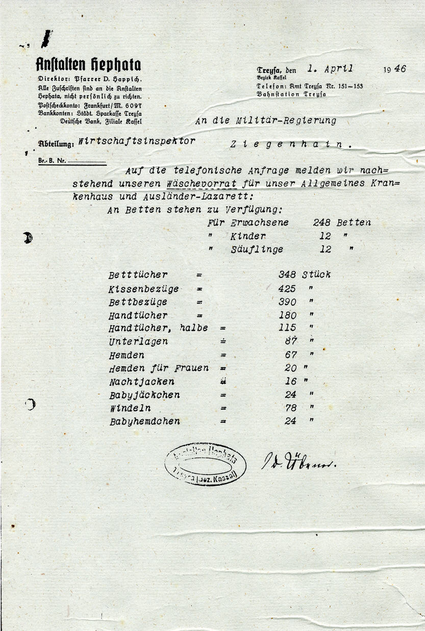 Bild zum Dokument Mitteilung der Anstalten Hephata über ihren Wäschevorrat an di