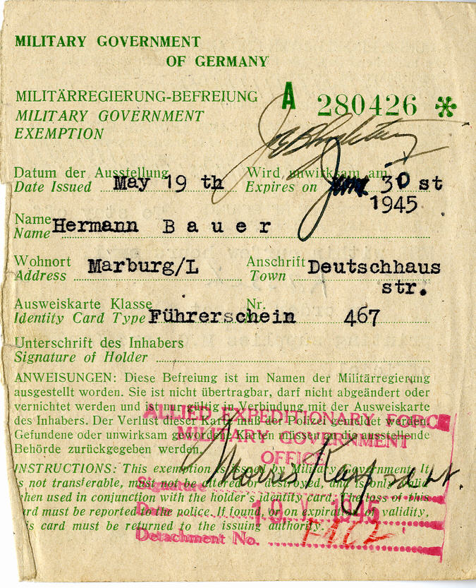 Bild zum Dokument Sonderreisegenehmigung für Hermann Bauer, Mai/ Juni 1945