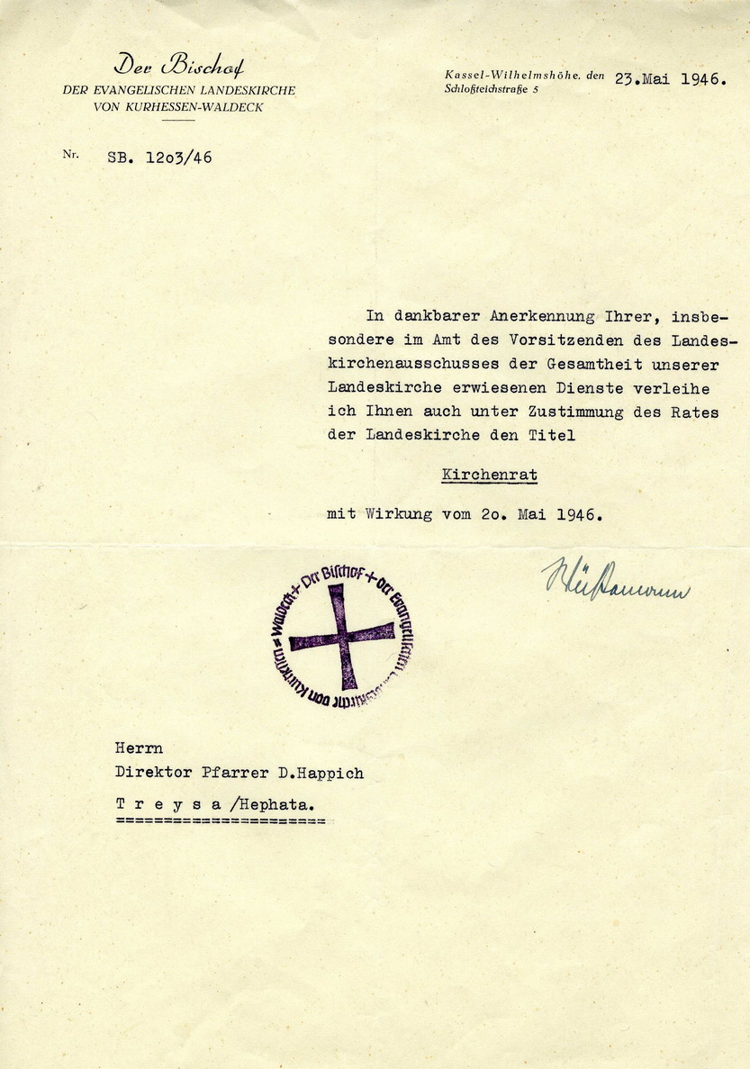 Bild zum Dokument Urkunde: Verleihung des Titels Kirchenrat an Friedrich Happich