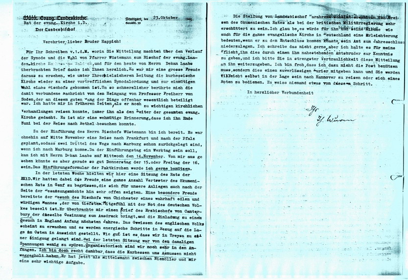 Bild zum Dokument Schreiben: Theophil Wurm, Ratsvorsitzender der EKD, an Friedri