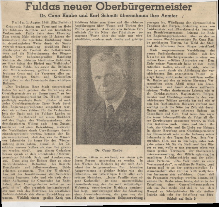 Bild zum Dokument Zeitungsausschnitt zur Wahl Cuno Raabes zum Fuldaer Oberbürger
