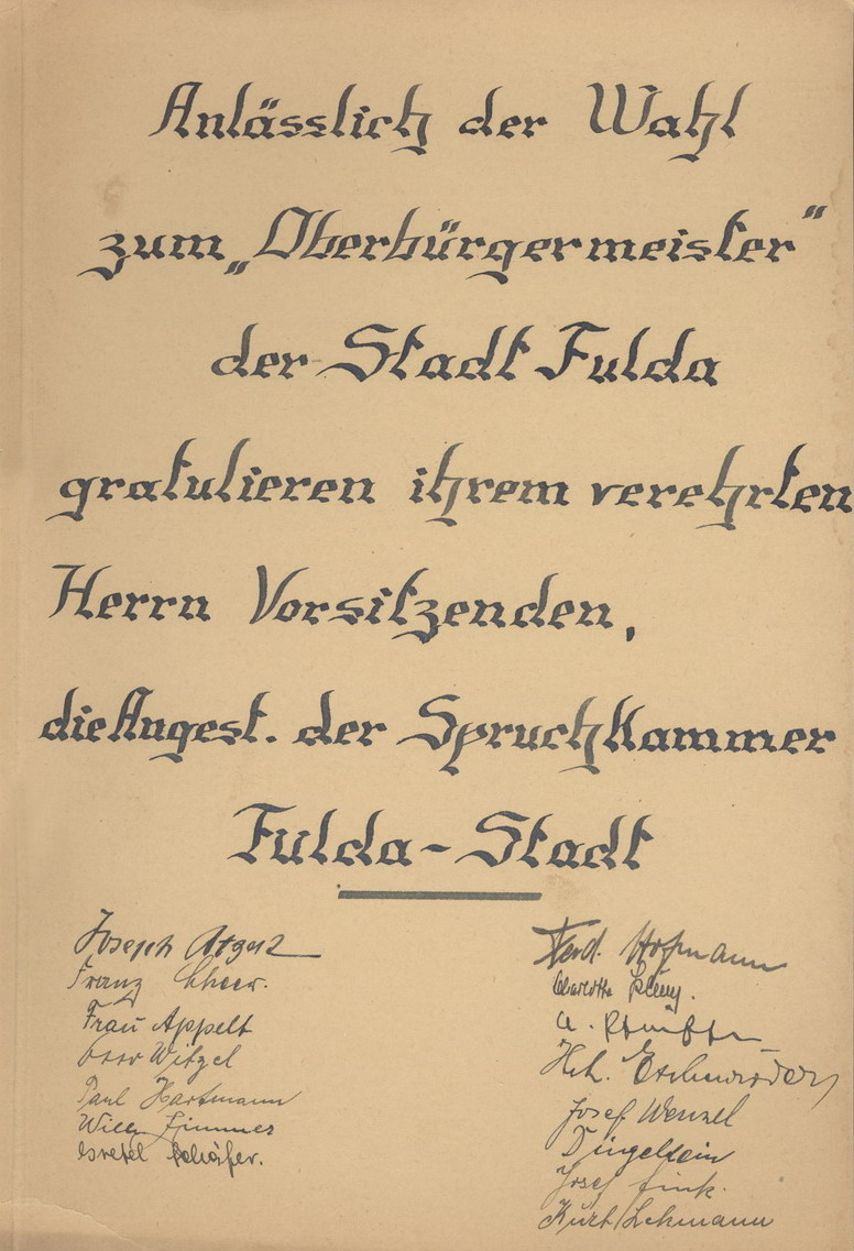 Bild zum Dokument Gratulationsschreiben der Spruchkammer-Angestellten Fuldas zur