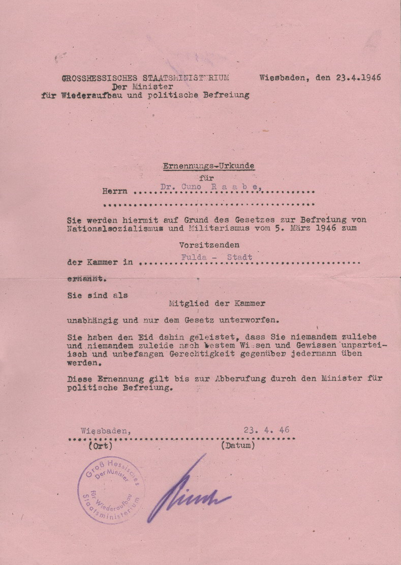Bild zum Dokument Ernennungsurkunde Raabes zum Vorsitzenden der Spruchkammer Ful