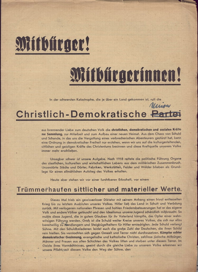 Bild zum Dokument Flugblatt zur Programmatik der CDP, Vorläuferin der CDU, Novem