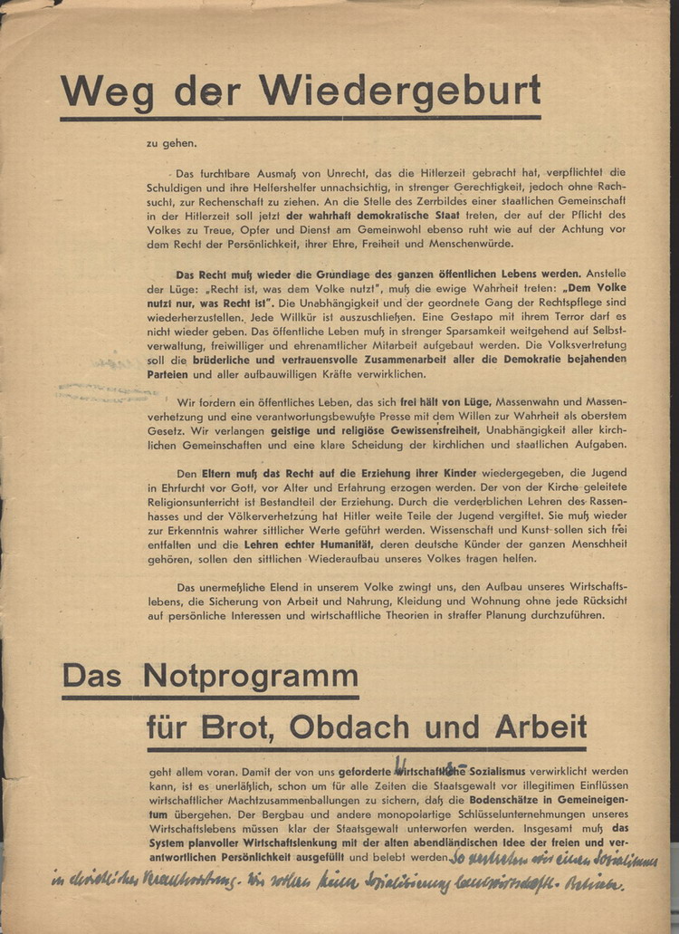 Bild zum Dokument Flugblatt zur Programmatik der CDP, Vorläuferin der CDU, Novem