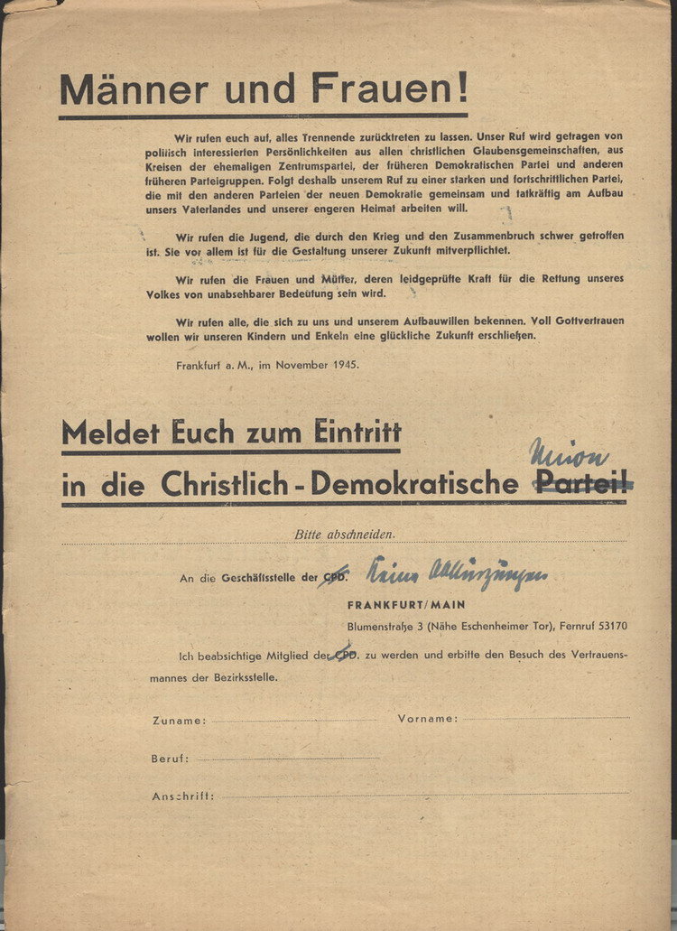 Bild zum Dokument Flugblatt zur Programmatik der CDP, Vorläuferin der CDU, Novem