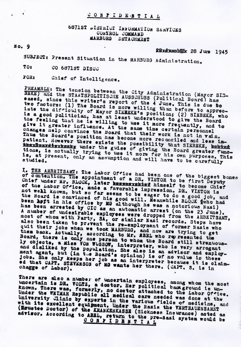 Bild zum Dokument Lagebericht zur Verwaltungssituation in Marburg, 28. Juni 1945