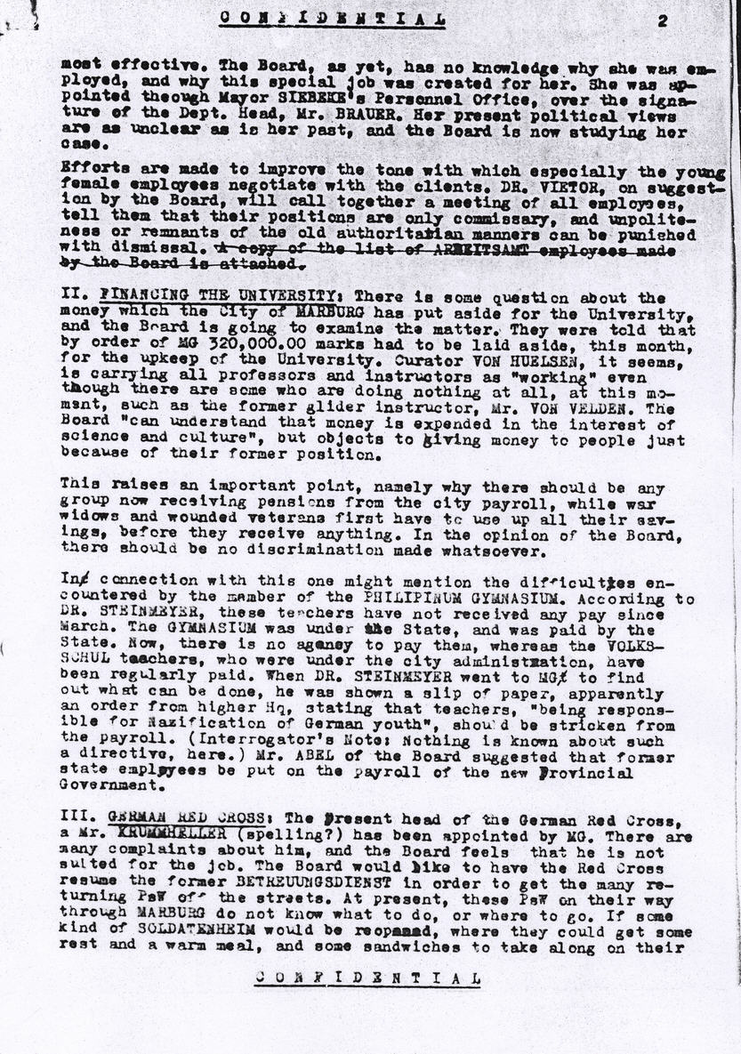 Bild zum Dokument Lagebericht zur Verwaltungssituation in Marburg, 28. Juni 1945
