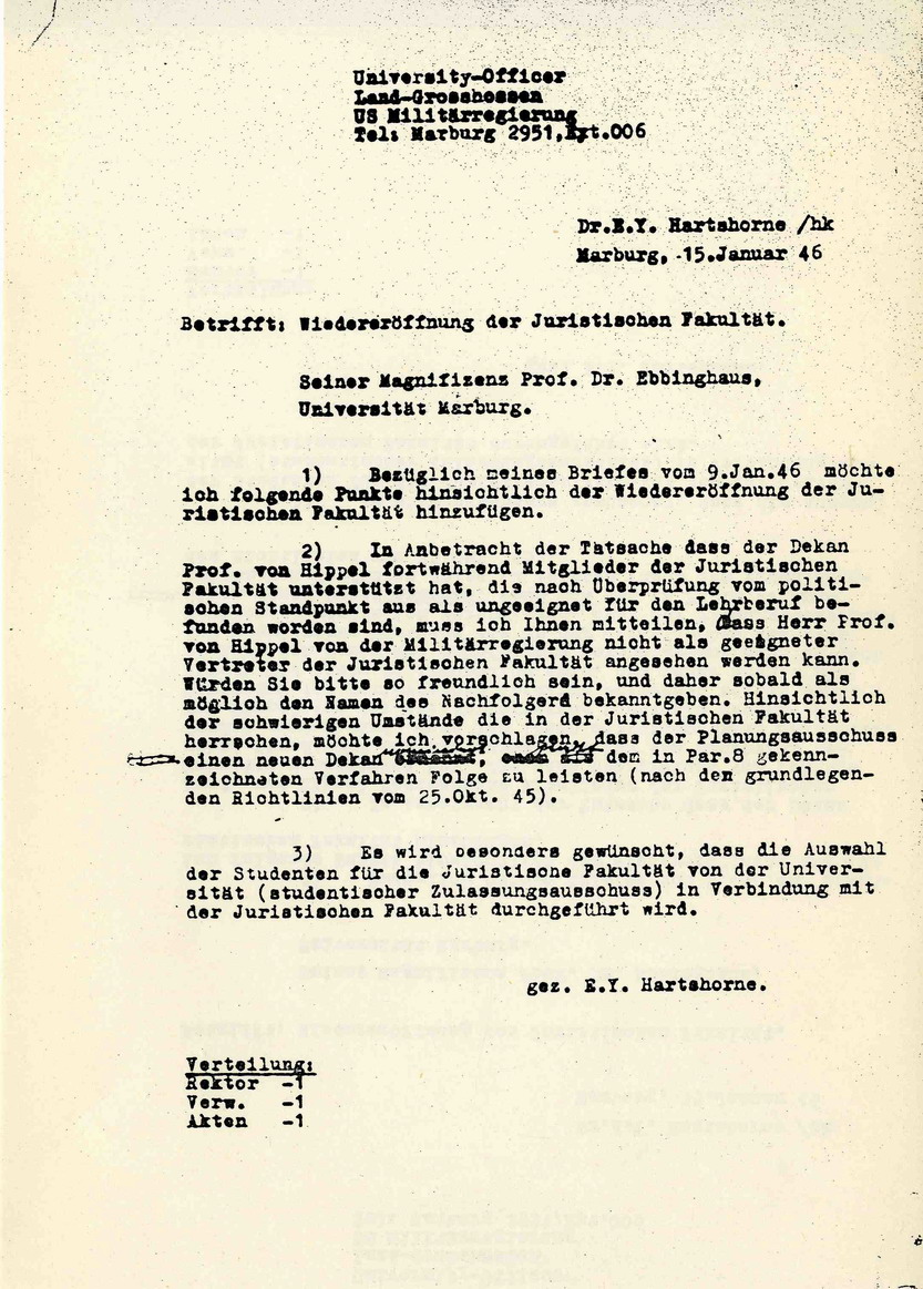 Bild zum Dokument Aufforderung Hartshornes an den Rektor der Universität Marburg