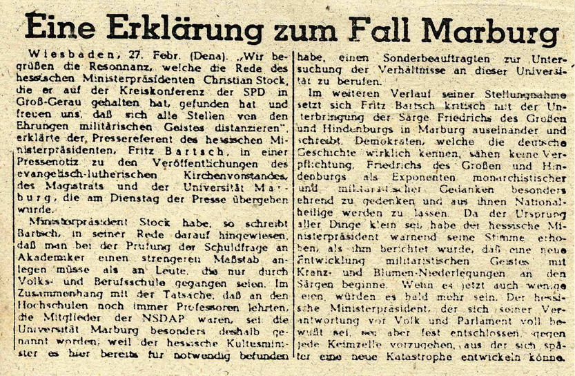 Bild zum Dokument Zeitungsausschnitt: Eine Erklärung zum Fall Marburg, Februar 1