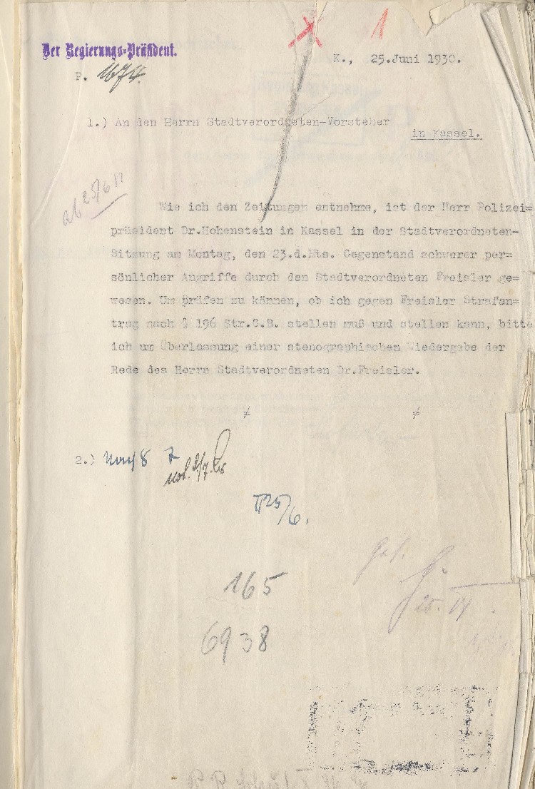 Bild zum Dokument Schreiben des Regierungspräsidenten von Kassel an den Stadtver