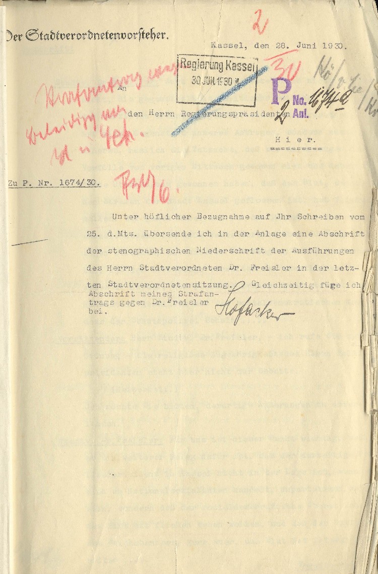 Bild zum Dokument Antwortschreiben des Stadtverordnetenvorstehers von Kassel an