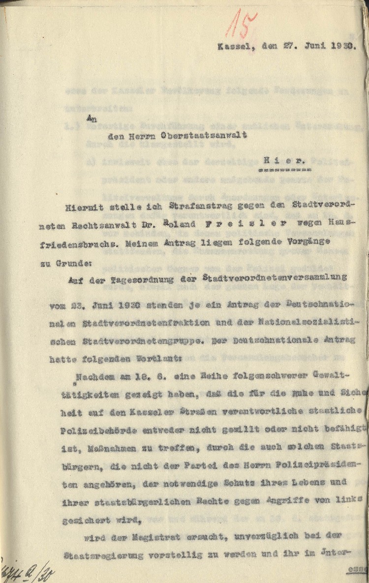 Bild zum Dokument Strafantrag des Stadtverordnetenvorstehers Kassel Hofacker geg