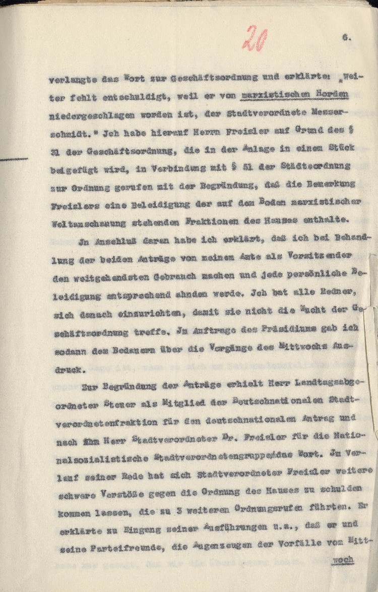 Bild zum Dokument Strafantrag des Stadtverordnetenvorstehers Kassel Hofacker geg