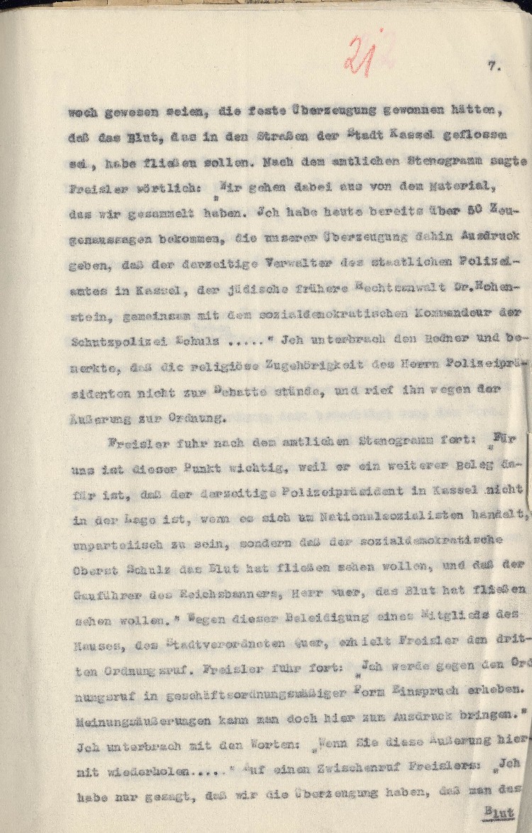 Bild zum Dokument Strafantrag des Stadtverordnetenvorstehers Kassel Hofacker geg