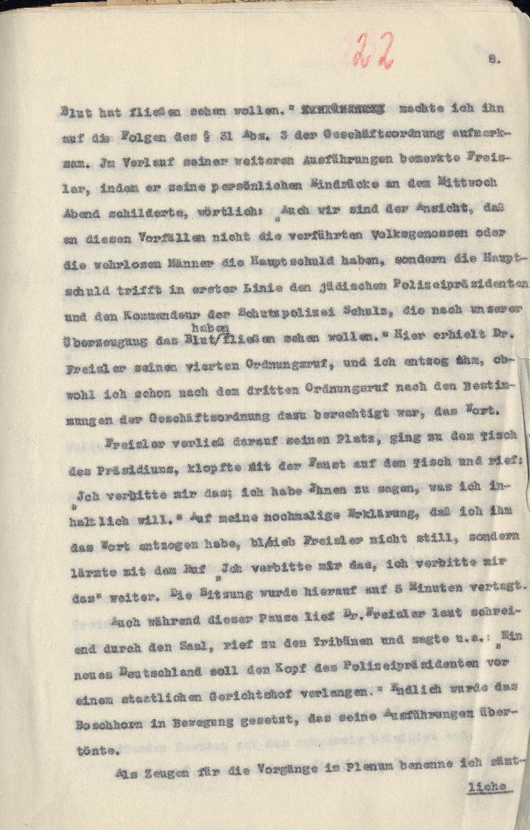 Bild zum Dokument Strafantrag des Stadtverordnetenvorstehers Kassel Hofacker geg