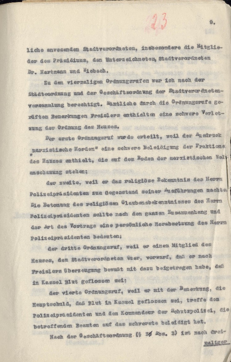 Bild zum Dokument Strafantrag des Stadtverordnetenvorstehers Kassel Hofacker geg