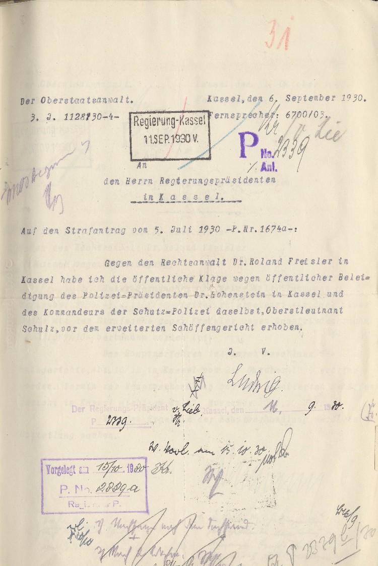 Bild zum Dokument Klageerhebung des Oberstaatsanwalts Kassel gegen Dr. Freisler
