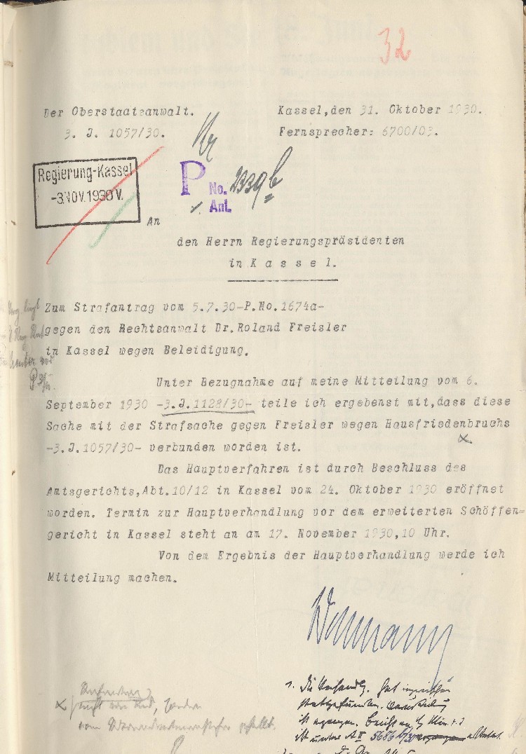 Bild zum Dokument Oberstaatsanwalt Wellmann an den Regierungspräsidenten von Kas