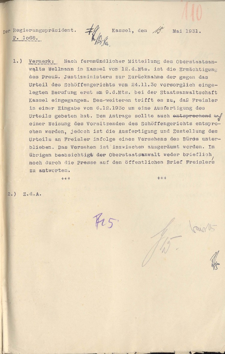 Bild zum Dokument Aktenvermerk des Regierungspräsidenten von Kassel