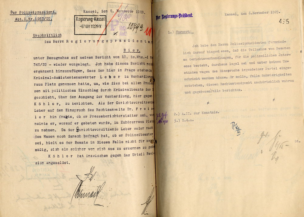 Bericht & Vermerk Bild zum Dokument Polizeiliche Beobachtung von Freislers Tätigkeit als Strafvert