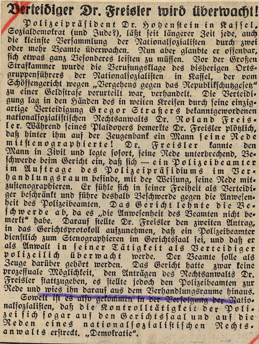 Bild zum Dokument Polizeiliche Beobachtung von Freislers Tätigkeit als Strafvert