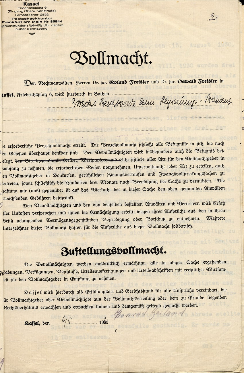 Vollmacht Bild zum Dokument Beschwerde der Anwälte Freisler an den Regierungspräsidenten ü