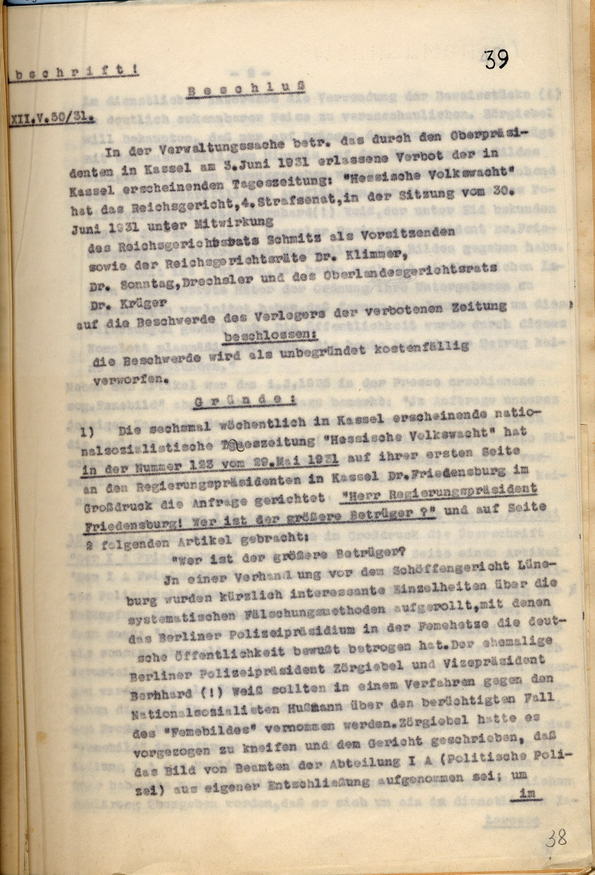 Bild zum Dokument Gerichtsurteil: Veröffentlichungsverbot der nationalsozialisti